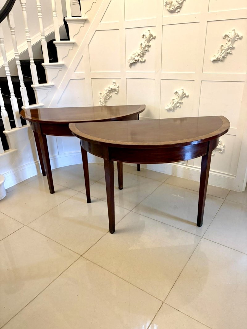 Large Pair of Antique George III Quality Figured Mahogany Demi Lune Console Tables